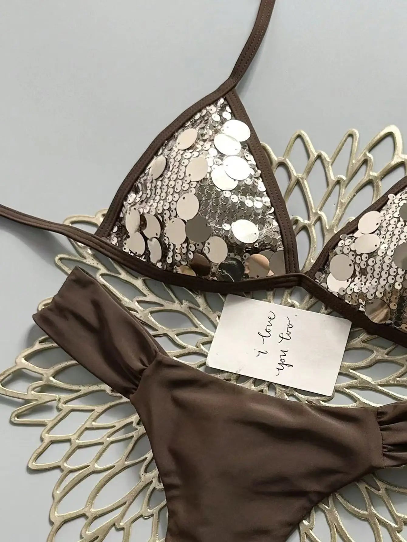 Shiny Sequin Coffee Patchwork Bikini Set
