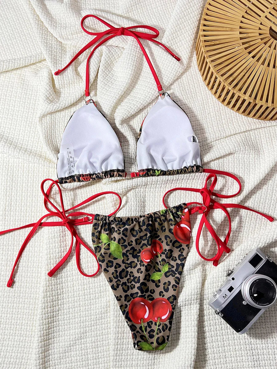 Leopard Cherry Print Halter High Cut Bikini