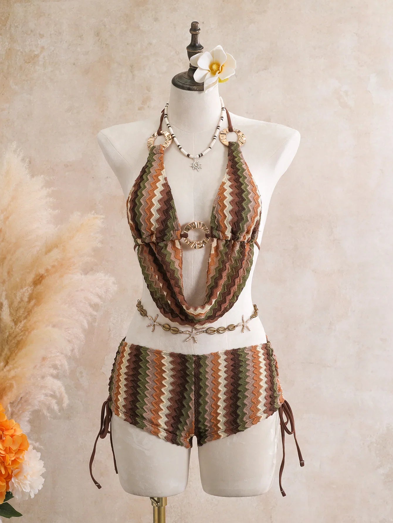 Vintage Orange Striped Bikini Set