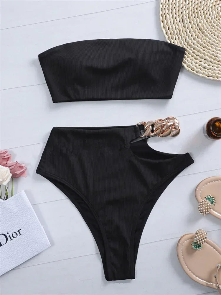 White Black Cut Out Metal High Waist Swimsuit