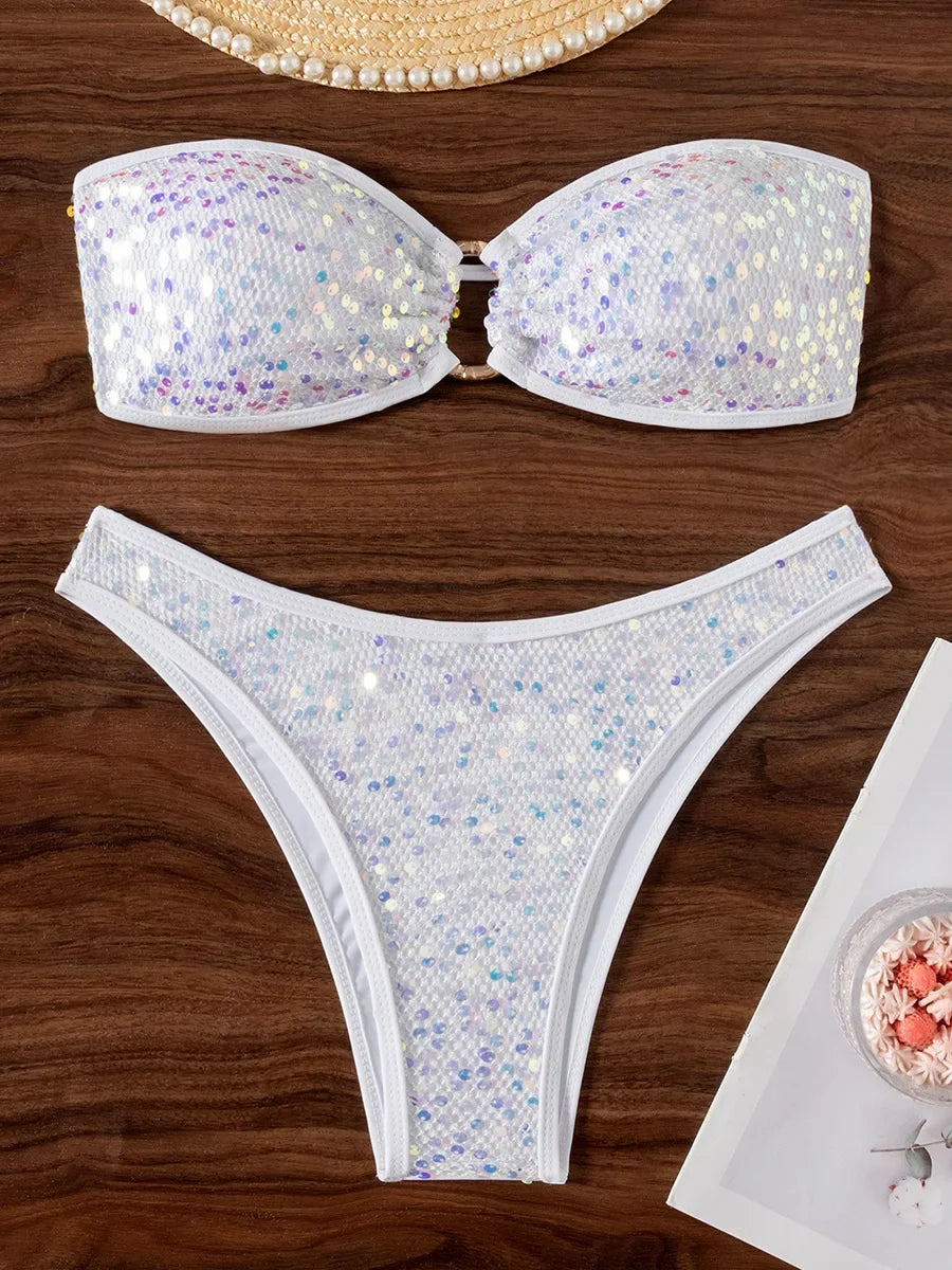 Glitter Sequins Fishnet Rings Bandeau Bikini