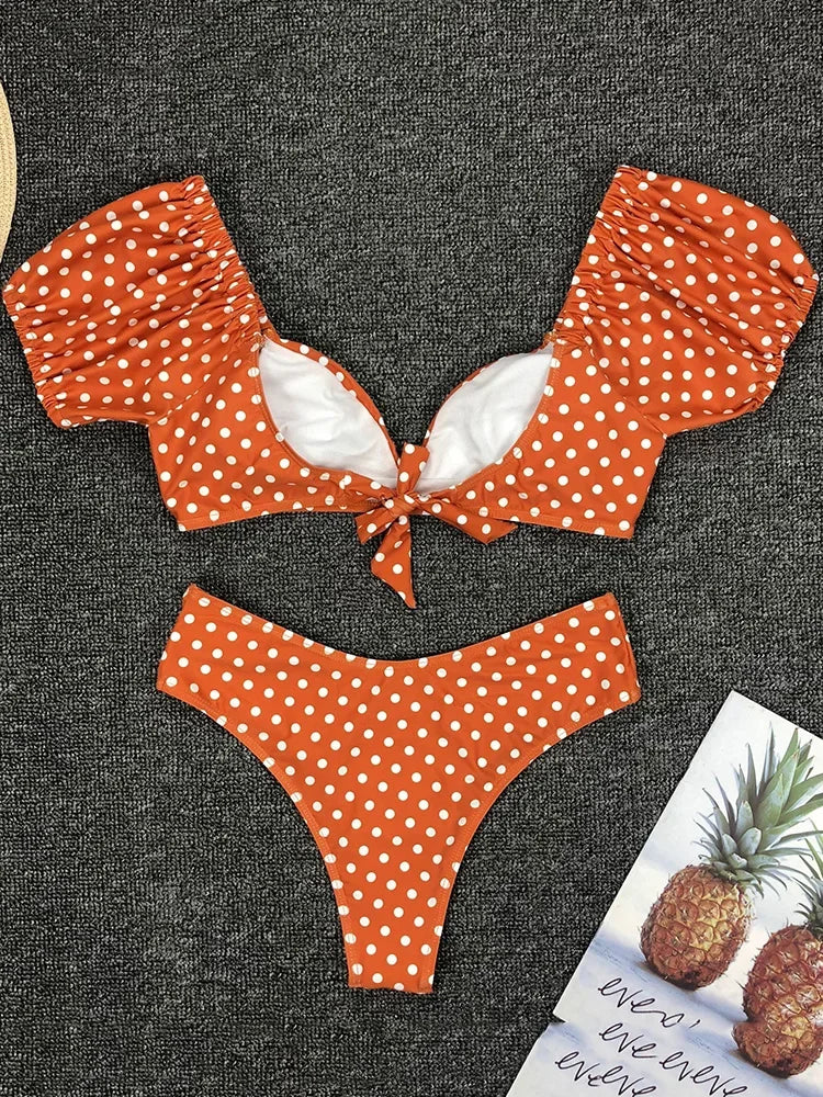 Sexy V Neck Short Sleeve Polka Dot Bikini