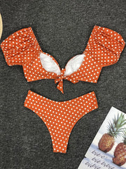 Sexy V Neck Short Sleeve Polka Dot Bikini