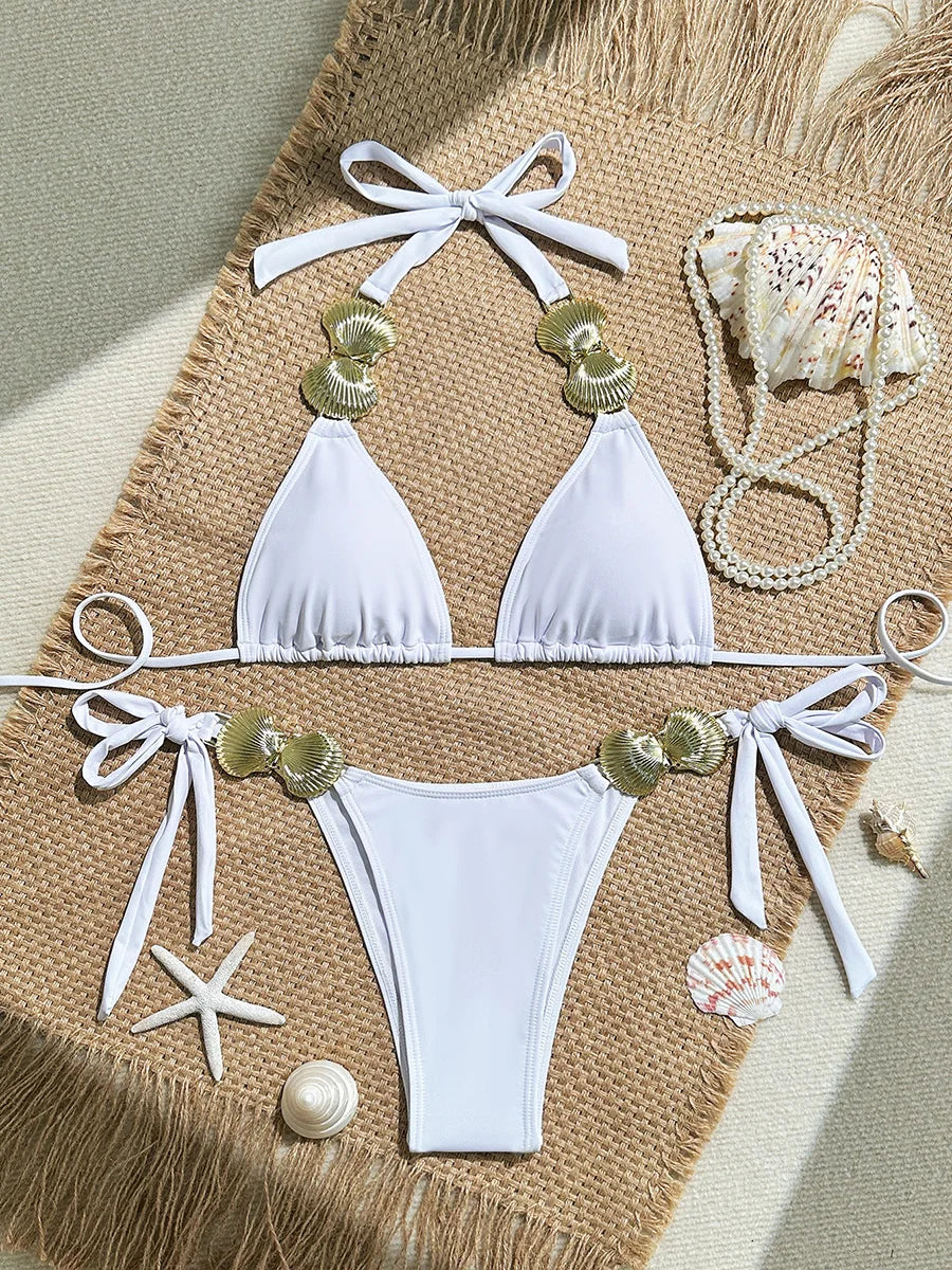 XS - L Metal Shell Halter Strappy Bikini