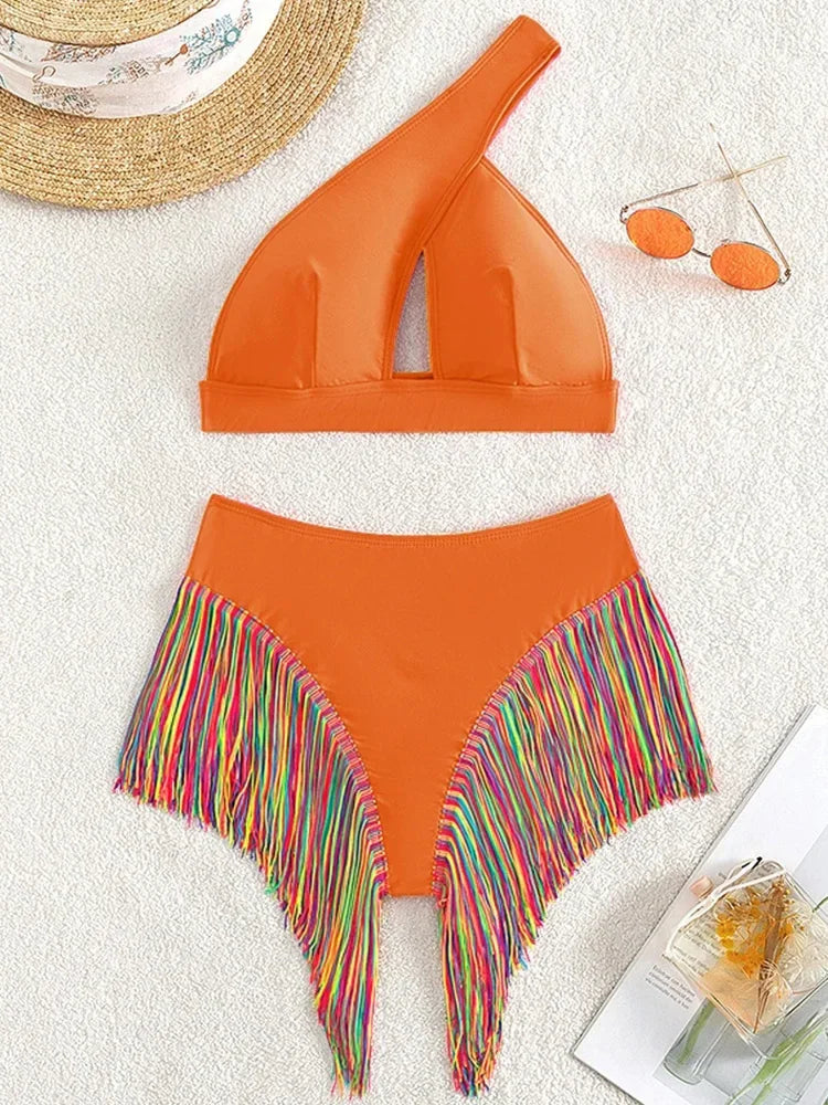 Fringe Tassel One Shoulder High Waist Bikini