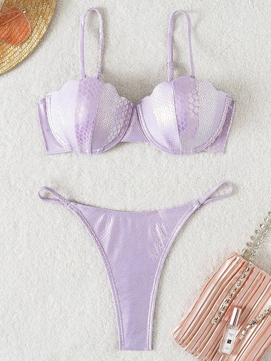 Snake Skin with Bra Cup Micro Thong Bikini