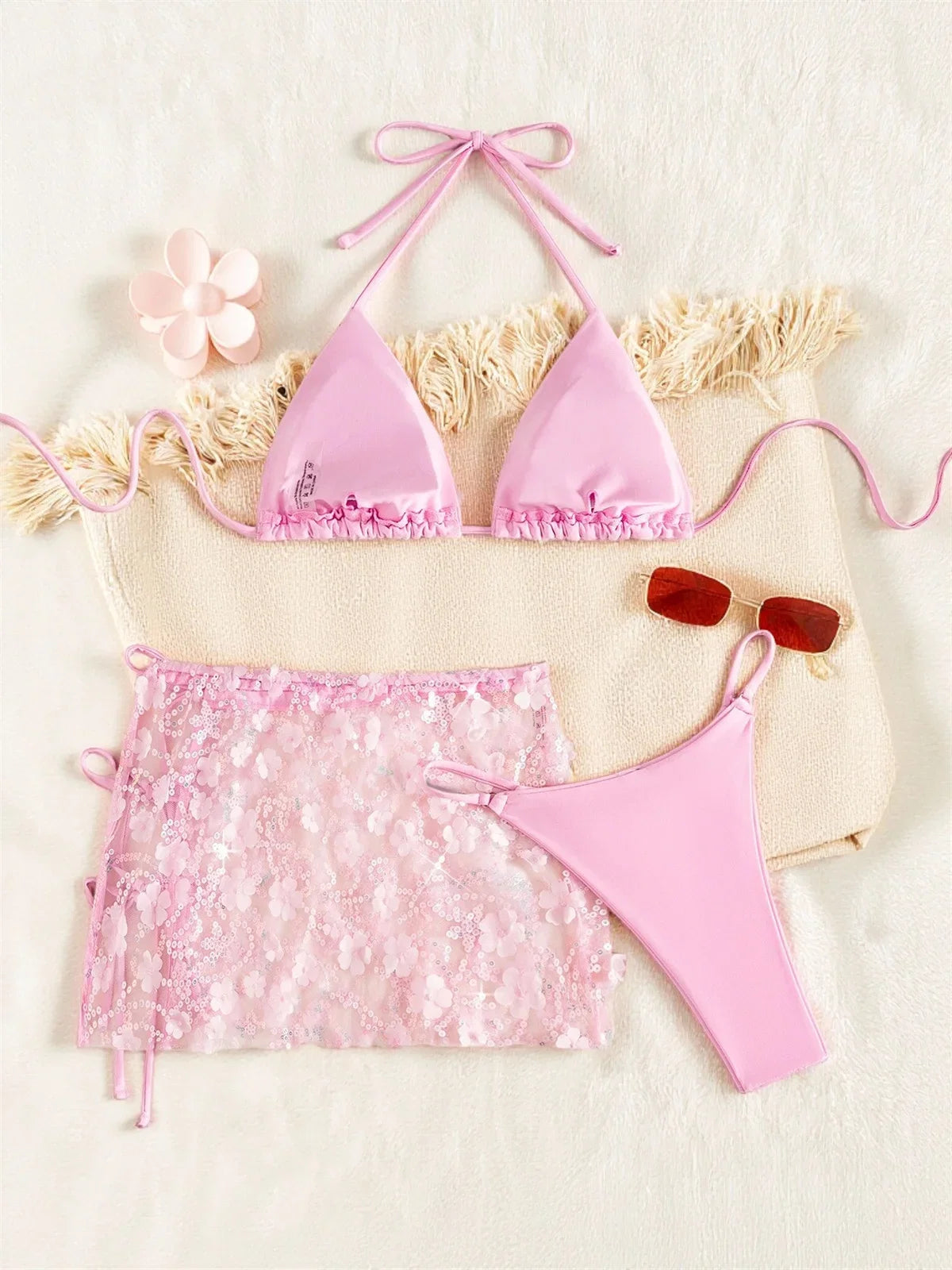 Shiny Sequin Pink Mesh Skirt 3 Piece Bikini Set