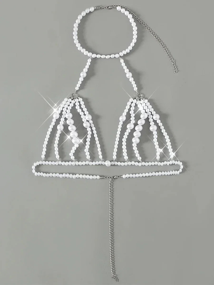 Luxury Pearls Chain Halter Hollow Out See Through Bikini