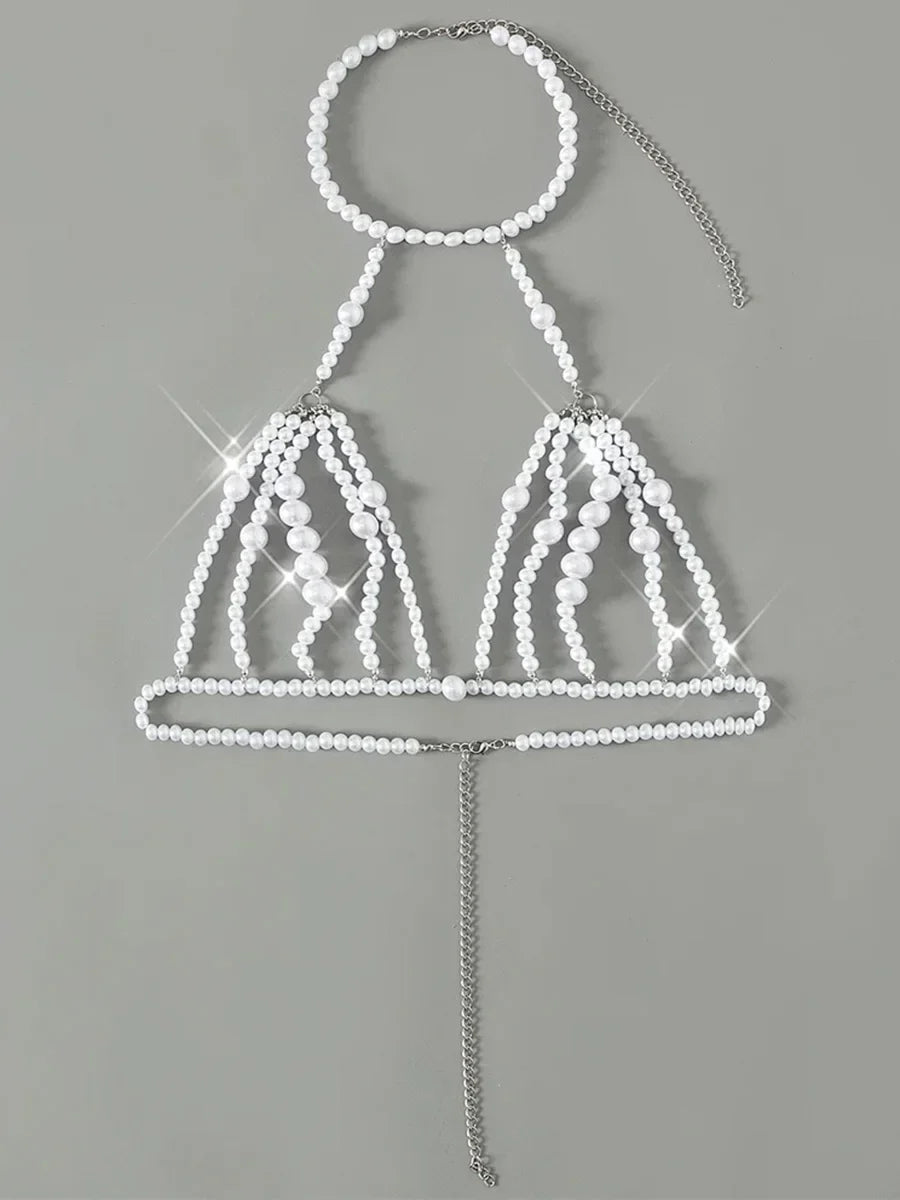 Luxury Pearls Chain Halter Hollow Out See Through Bikini