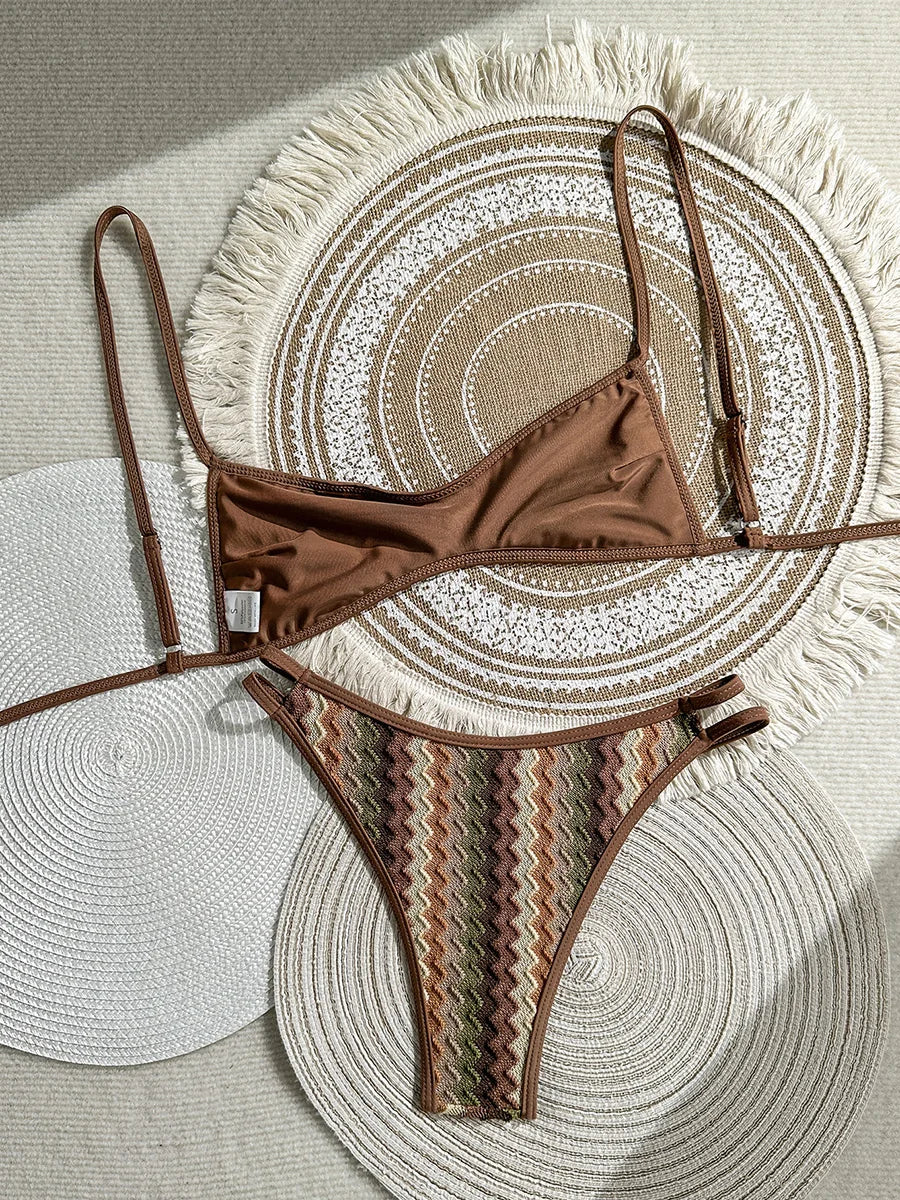 Crochet Striped High Leg Cut Brazilian Bikini