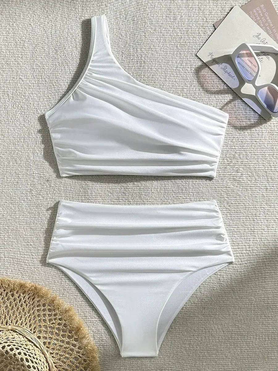 Sexy Wrinkled One Shoulder High Waist Bikini