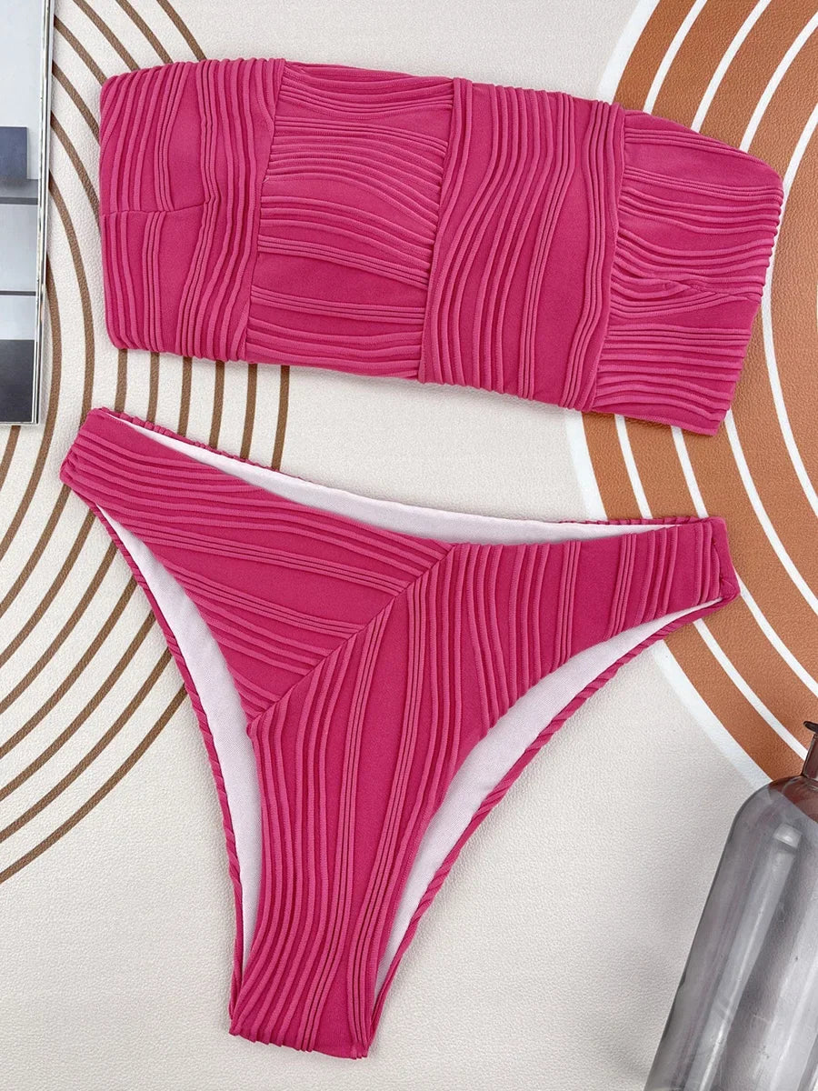 Sexy Bandeau Strapless Wrinkled Bikini