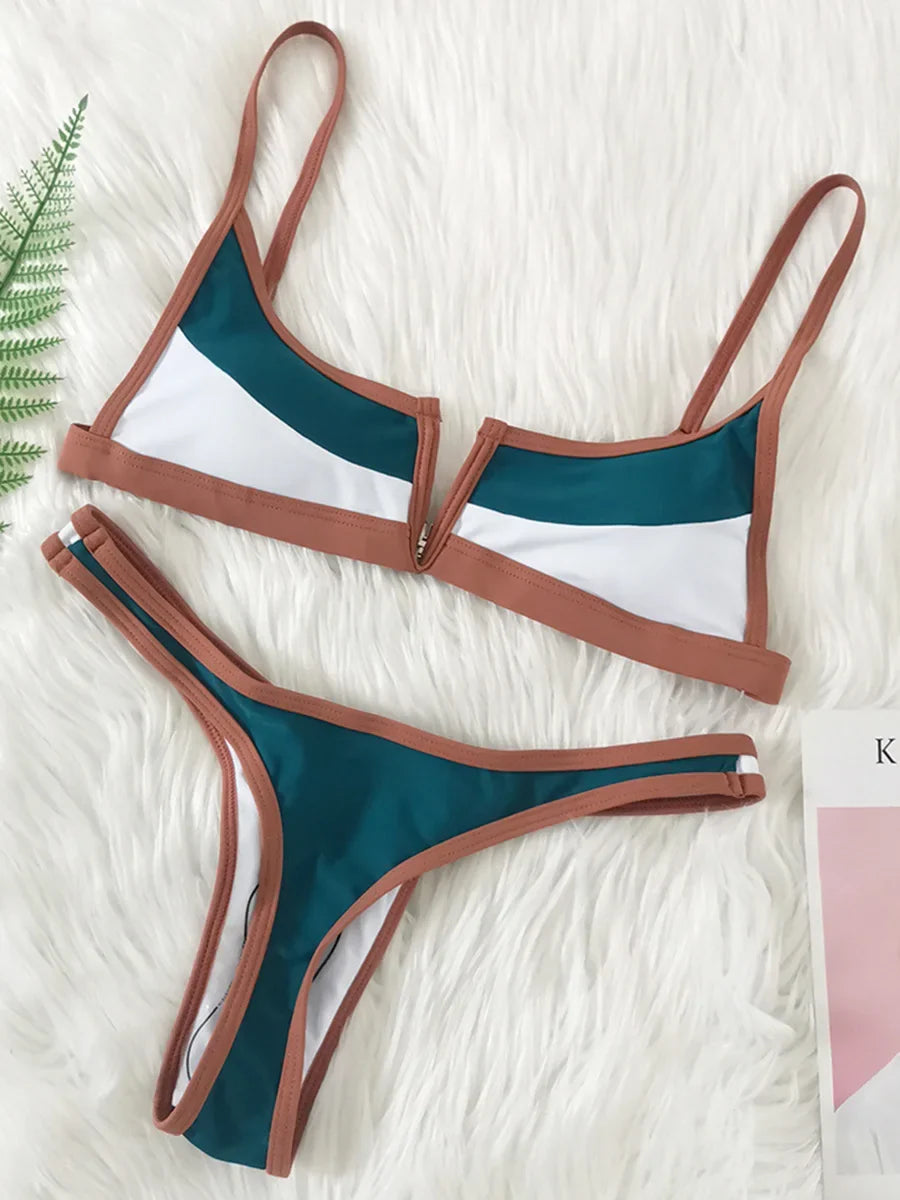 S - XL Splicing V Shaped Thong Bikini
