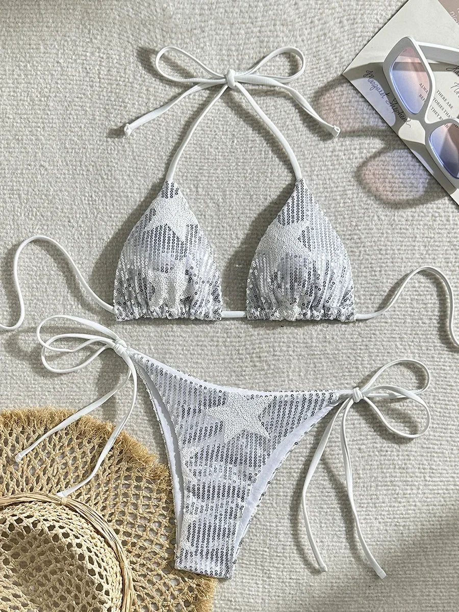 Sparkling Star Sequins Halter Bikini