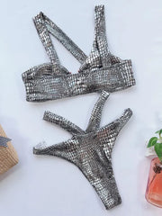 Asymmetric Shiny Snake Skin Thong Bikini