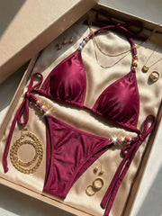 Sexy Coffee Gold Beaded String Bikini Set
