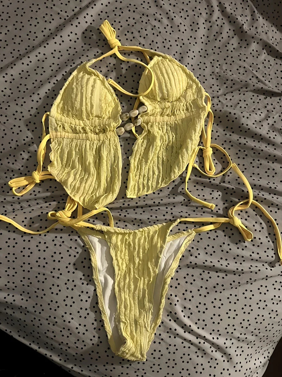 S - XL Wrinkled Tankini Halter Micro Bikini