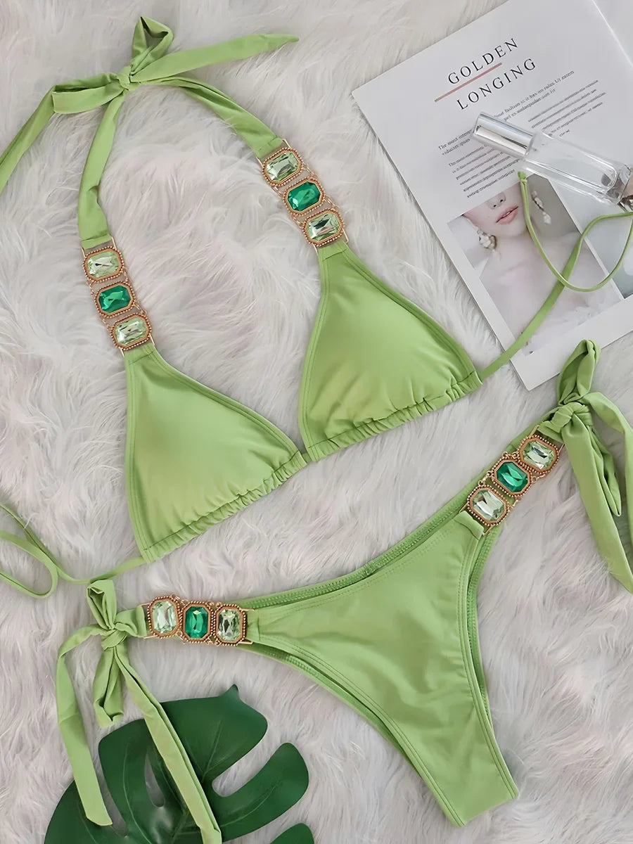 Halter Scrunch Butt Rhintstone Diamond Bikini