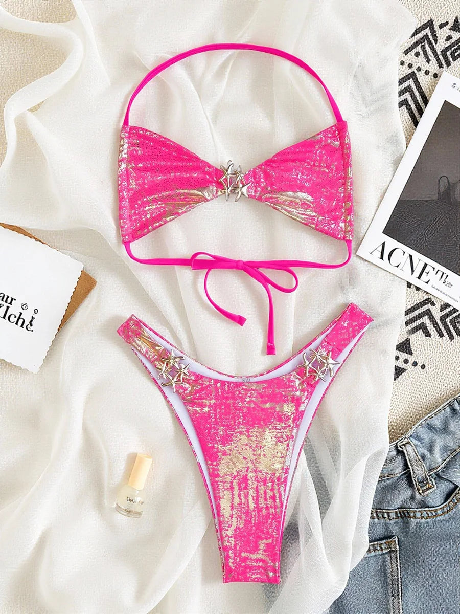 S - XL  Sparkling High Cut Halter Bikini