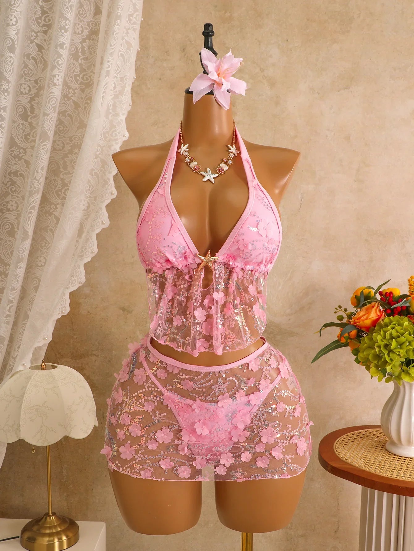 Sexy Mesh 3D Flower Cover Up 3 Piece Bikini Set