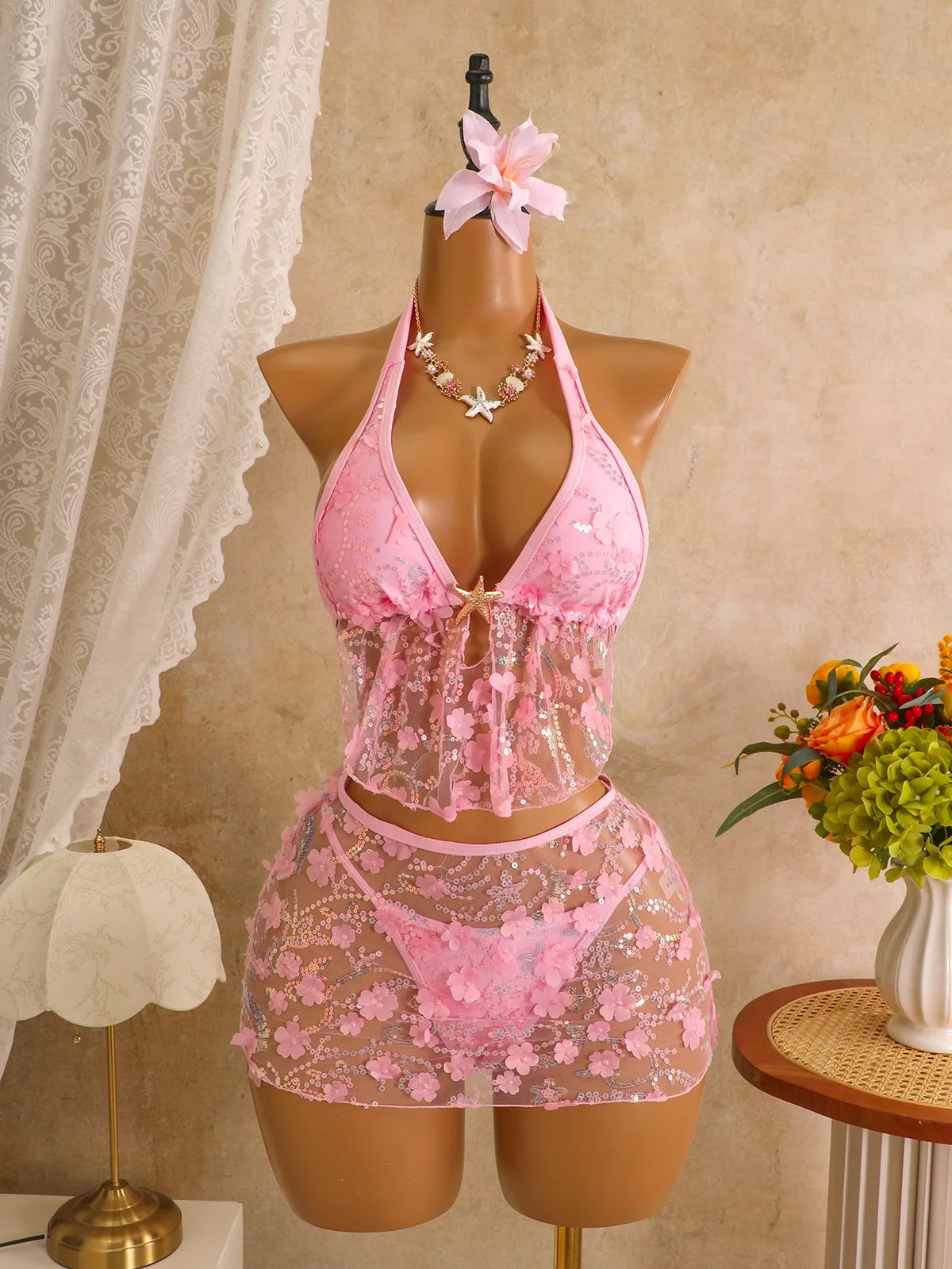 Sexy Mesh 3D Flower Cover Up 3 Piece Bikini Set