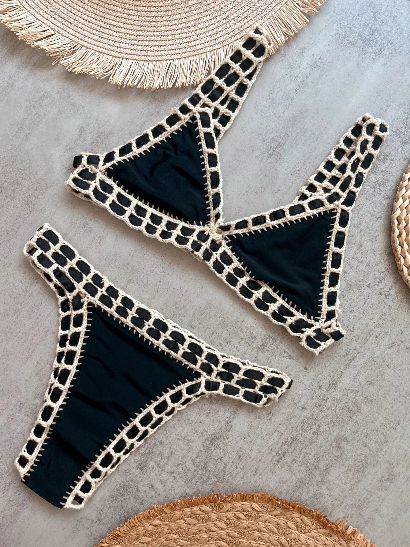 Sexy Black Patchwork Hand Crochet Bikini Set