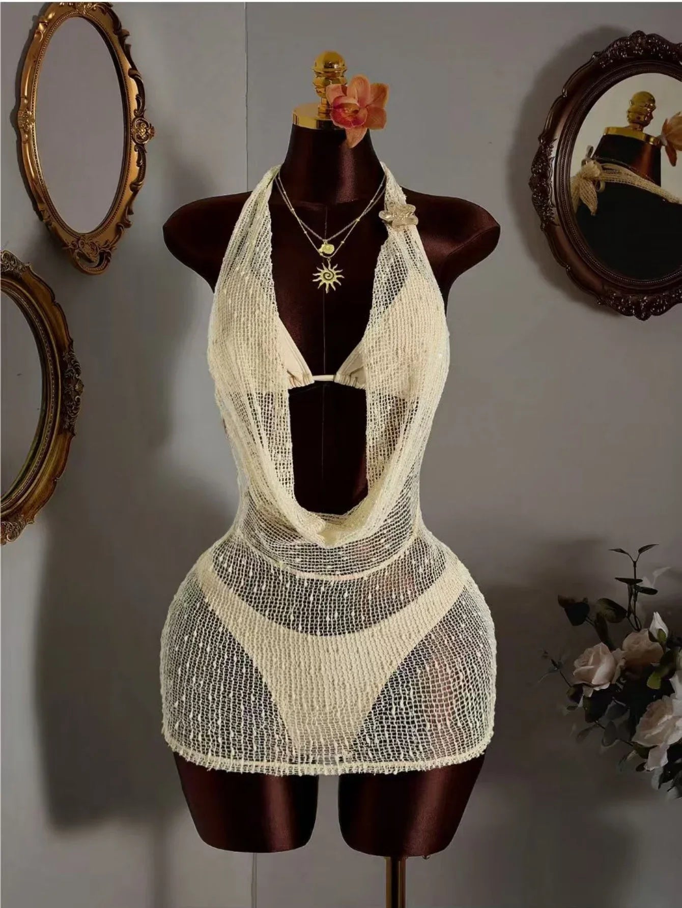 Sexy Mesh Dress 3 Piece Bikini Set