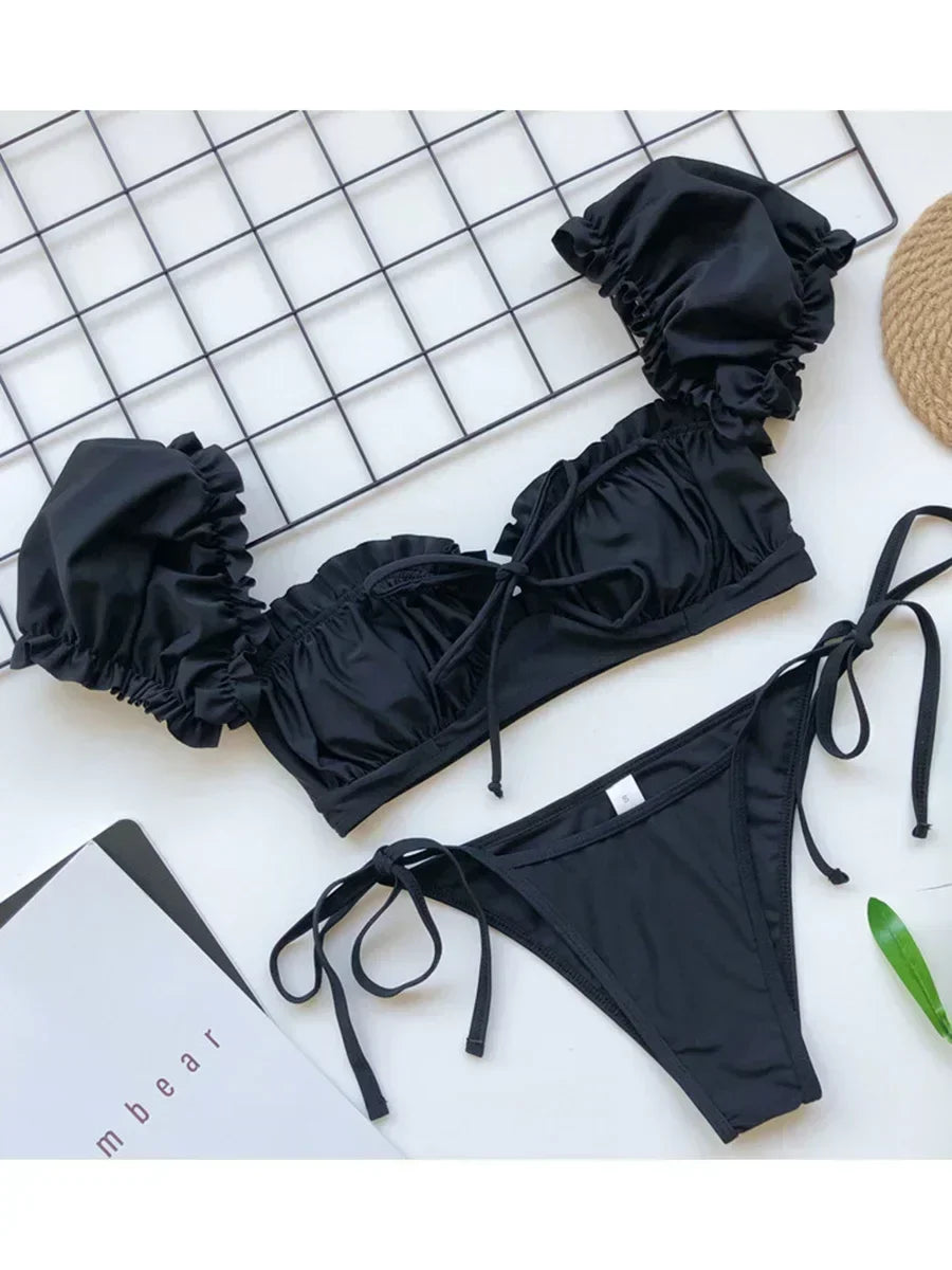 Pleated Ruffled Short Sleeve Bikini