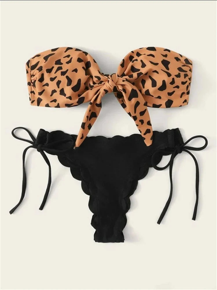 Front Lace Up Tie Bandeau Leopard Swimsuit
