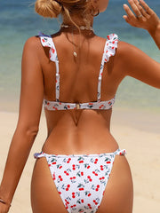 Cherry Printed Underwired V-bar Ruffled Bikini