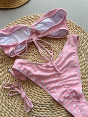 Scrunch Butt Bather Bathing Suit Swim 3D Flower Bandeau Dots Bikini