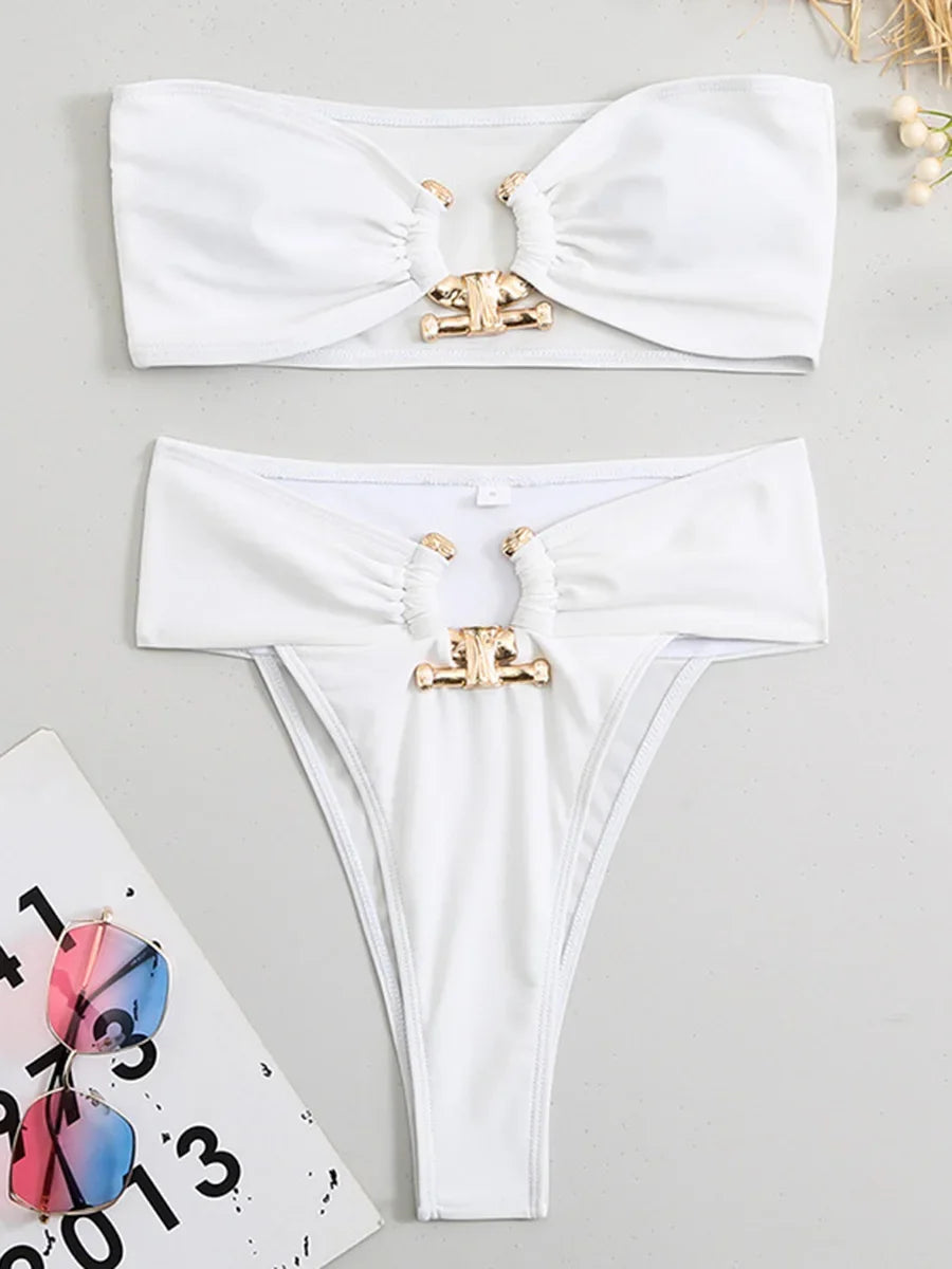 Metal Buckle Bandeau High Waist Bikini