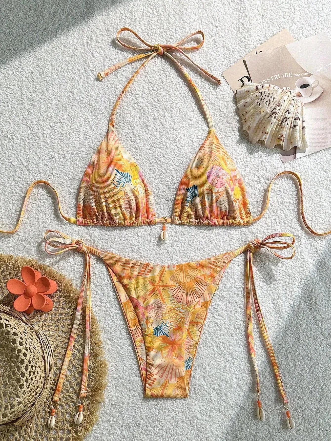 Sexy Orange Leaves Print Micro Bikini