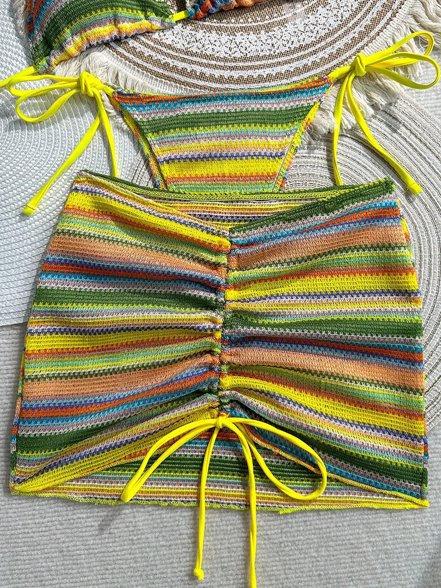 3PCS With Skirt Sarong Knitted Striped Bikini