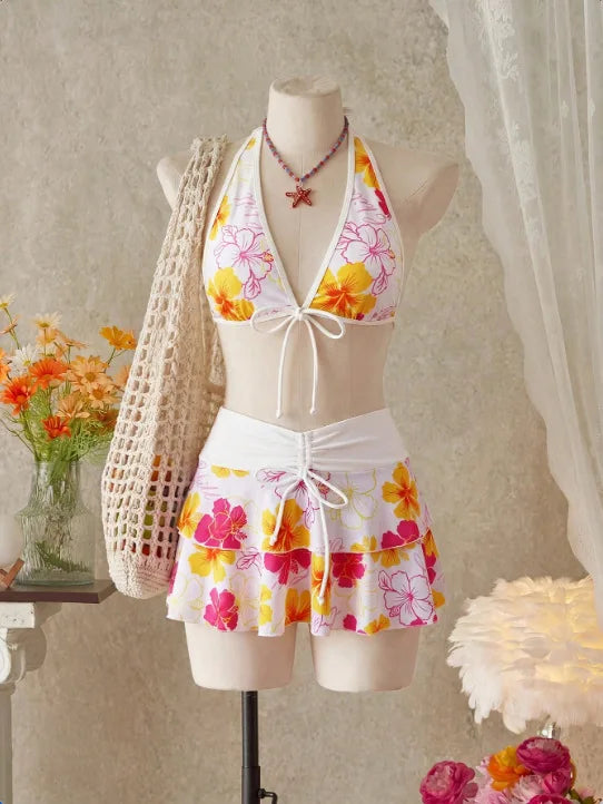 Vintage Pink Floral Print Contrast Bikini Set