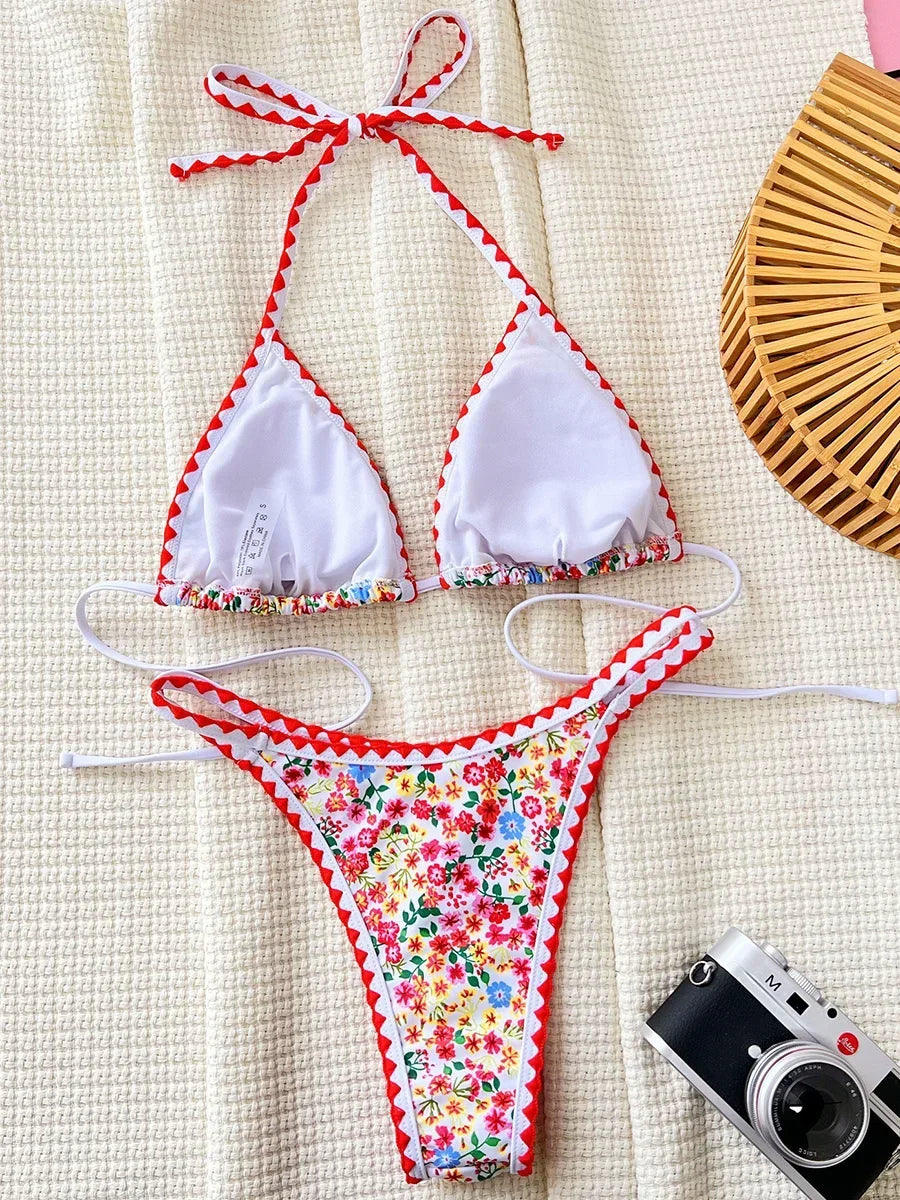 Floral Print High Cut Halter Bikini