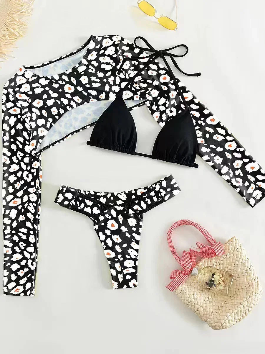 Leopard Printed Long Sleeve Beach Cover-up Bikini