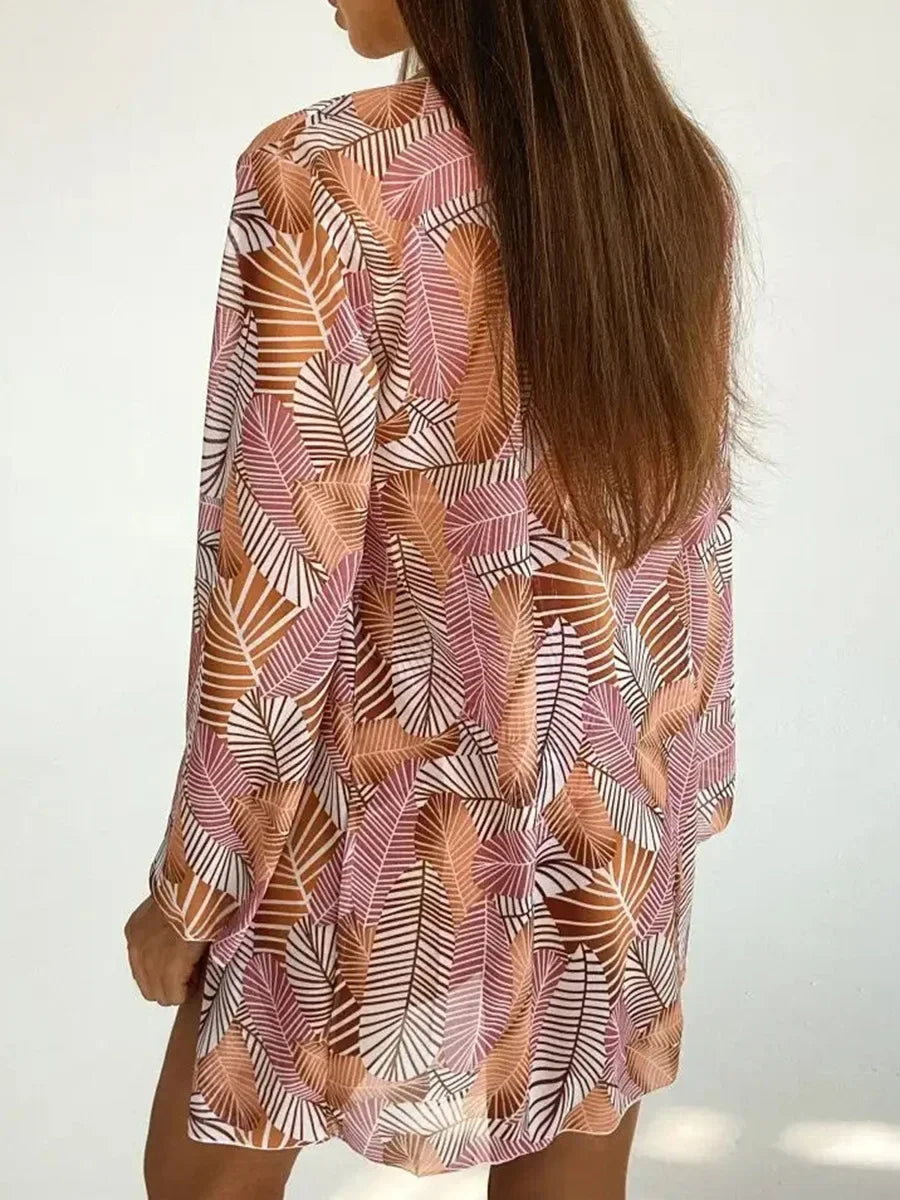With Cover Up Leaves Printed Bikini