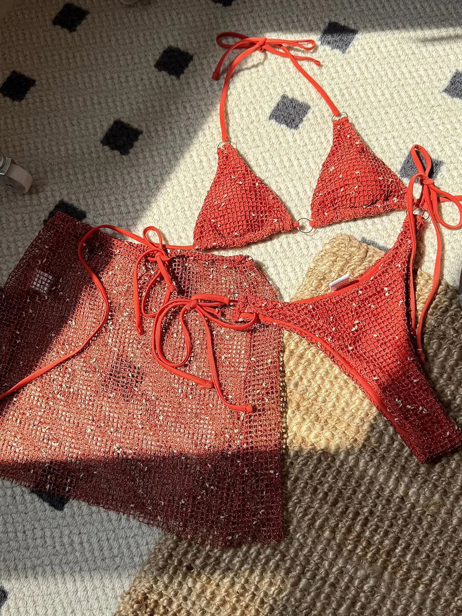With Mesh Sarong Skirt Halter Bikini