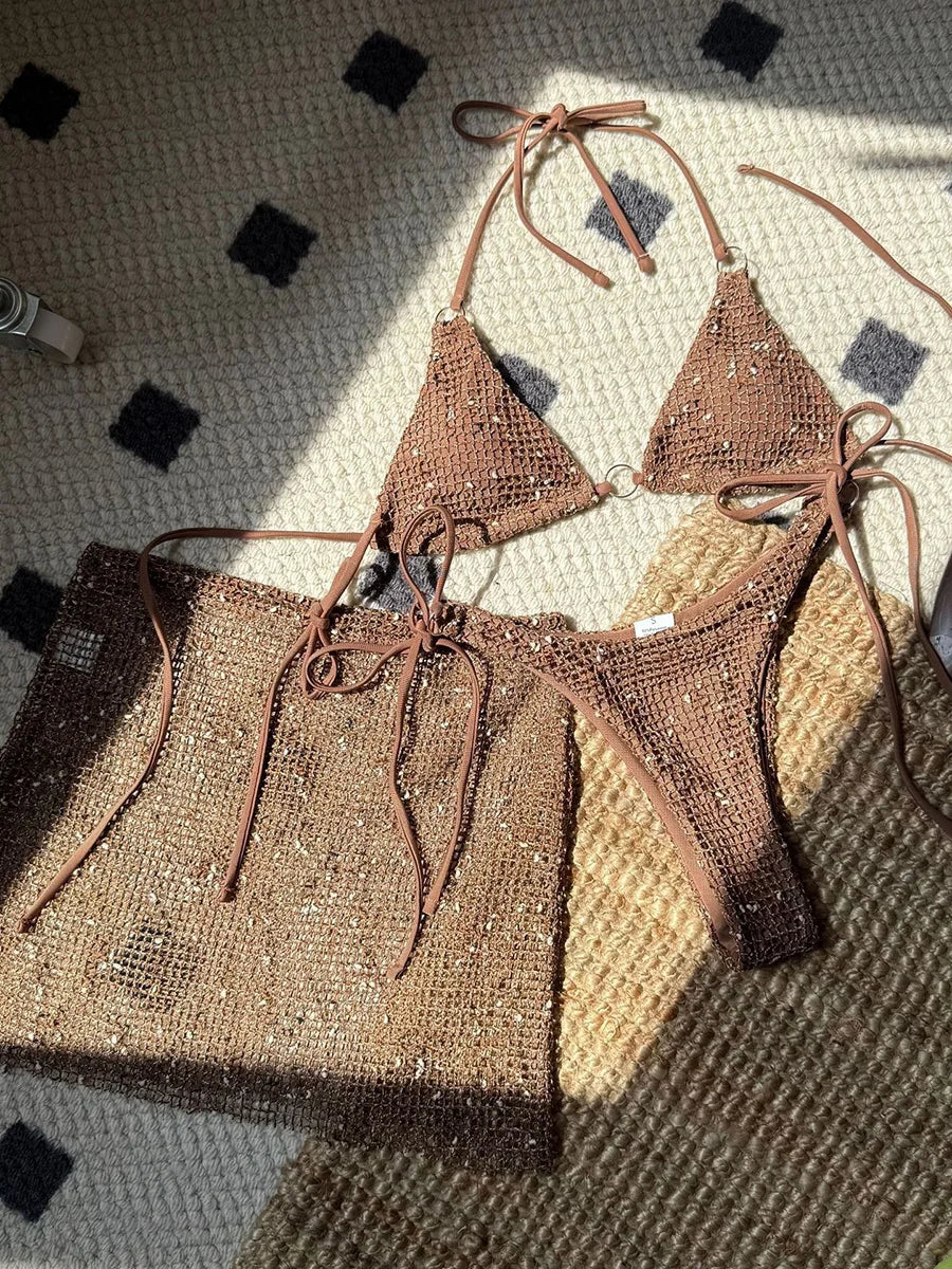 With Fishnet Sarong Skirt Halter Micro Bikini