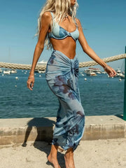 Print with Mesh Long Skirt Underwired Bikini