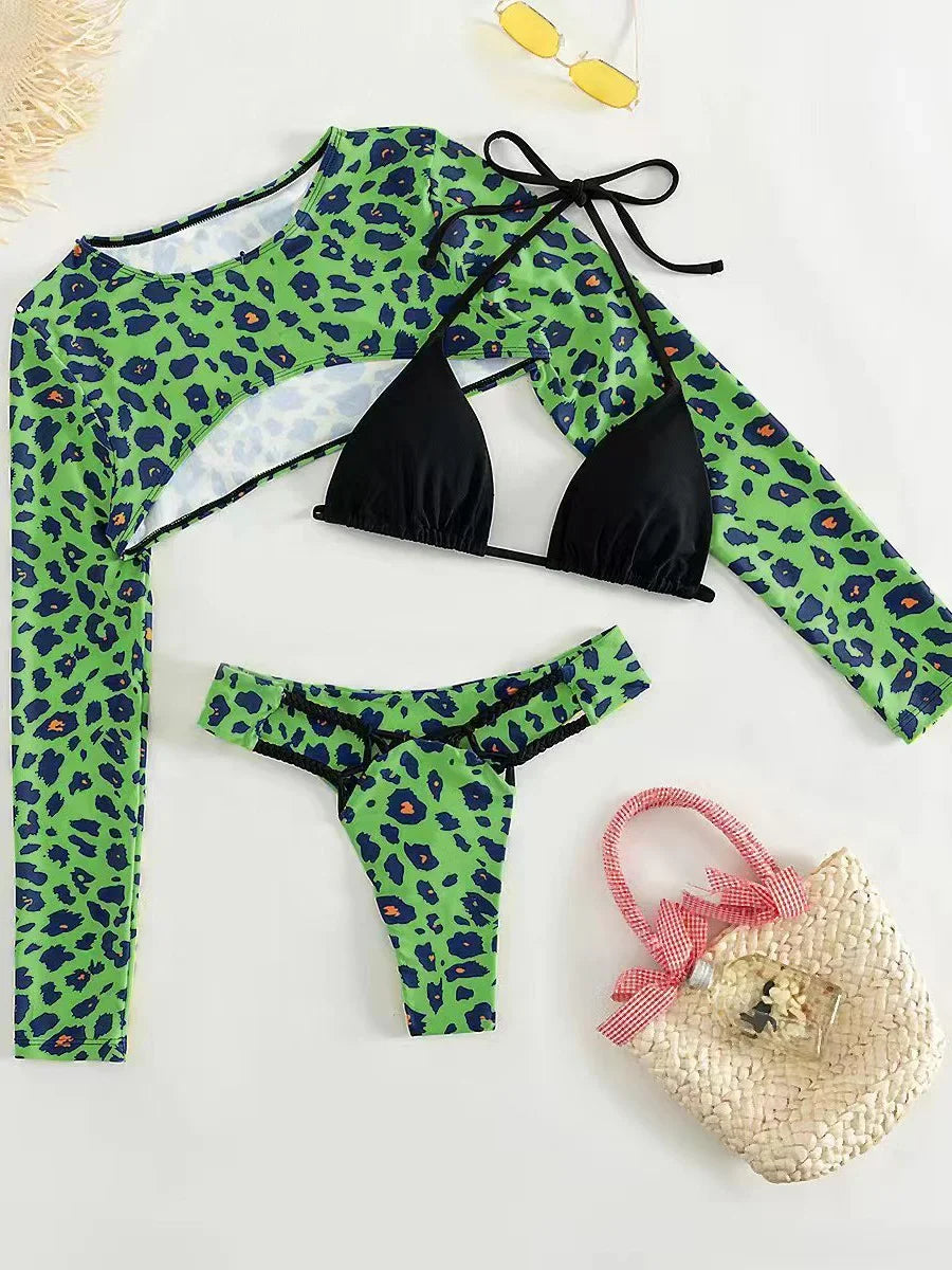 Leopard Printed Long Sleeve Beach Cover-up Bikini