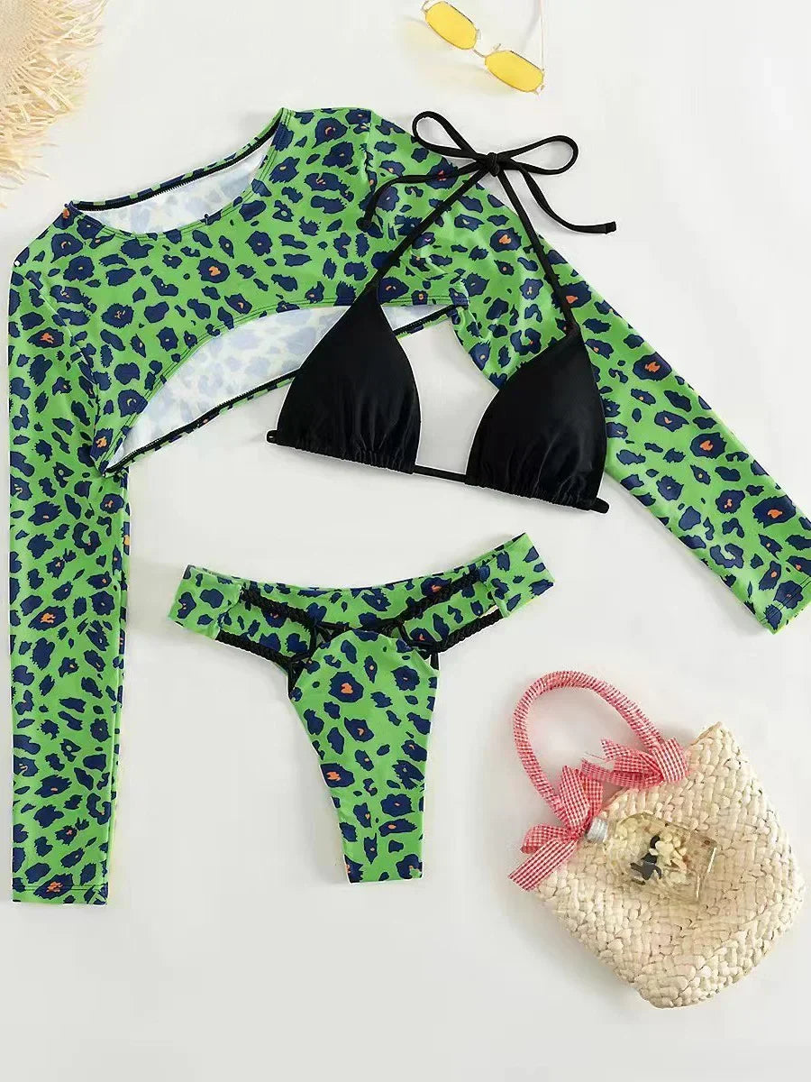 Leopard Printed Long Sleeve Beach Cover-up Bikini