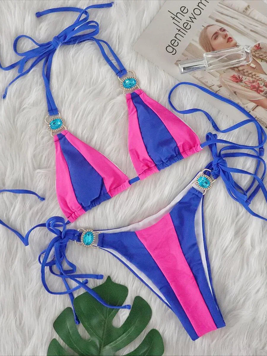Splicing Halter Jewelled Diamond Bikini