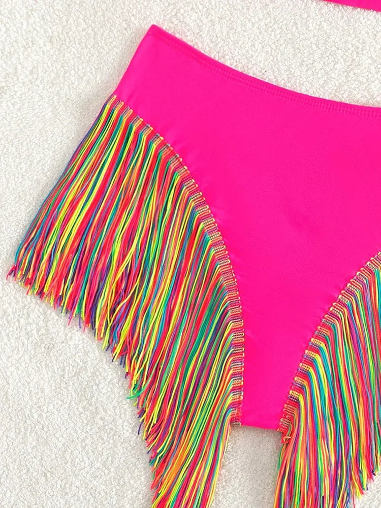 Fringe Tassel One Shoulder High Waist Bikini