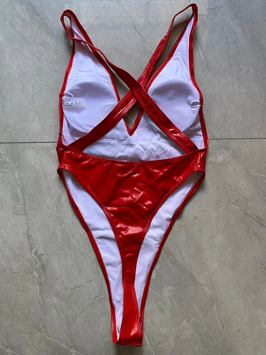 PU Leather V Neck Extreme Mini String Thong Women Swimwear One Piece Swimsuit
