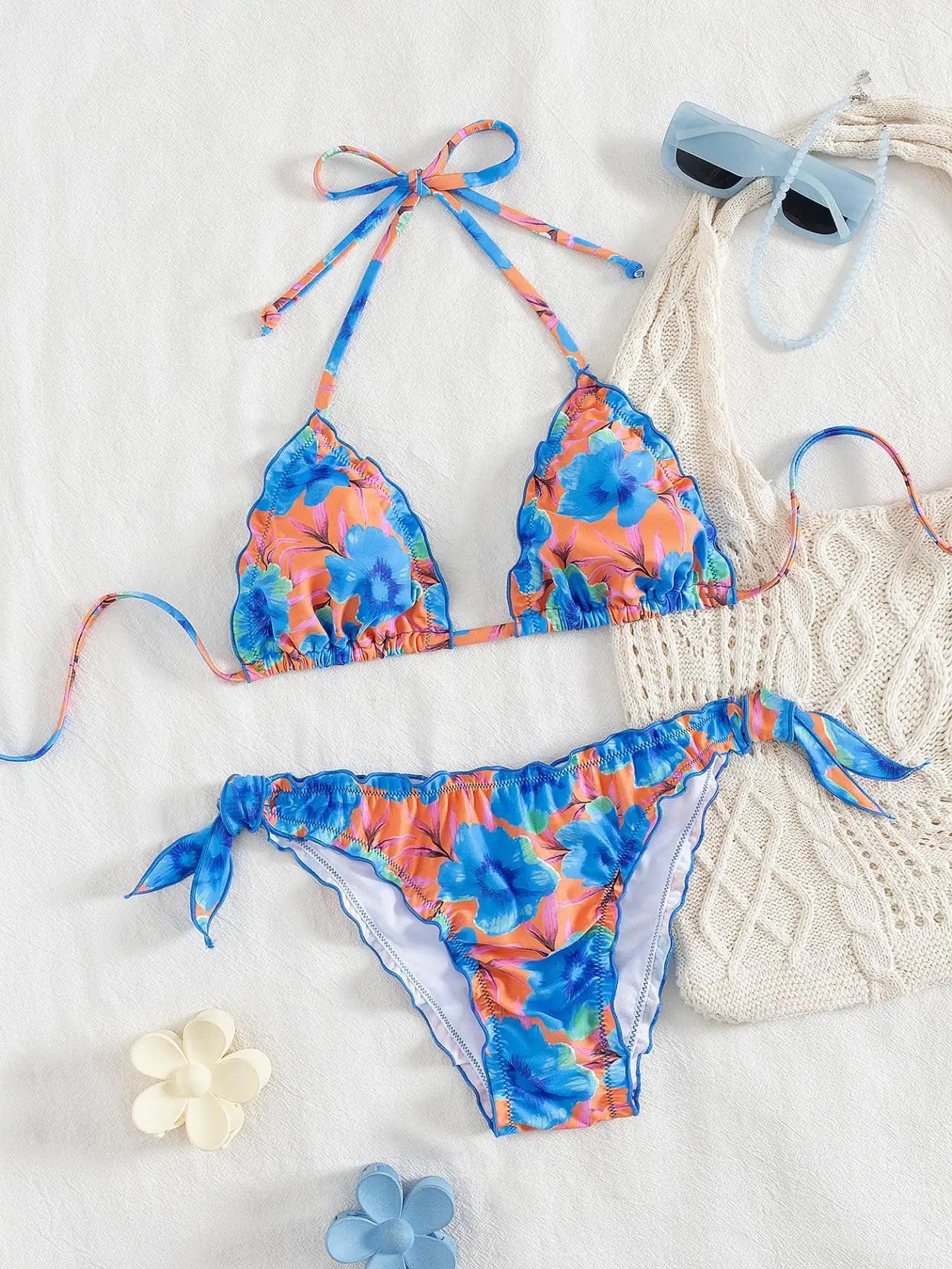 Cute Orange Floral Print Bikini Set
