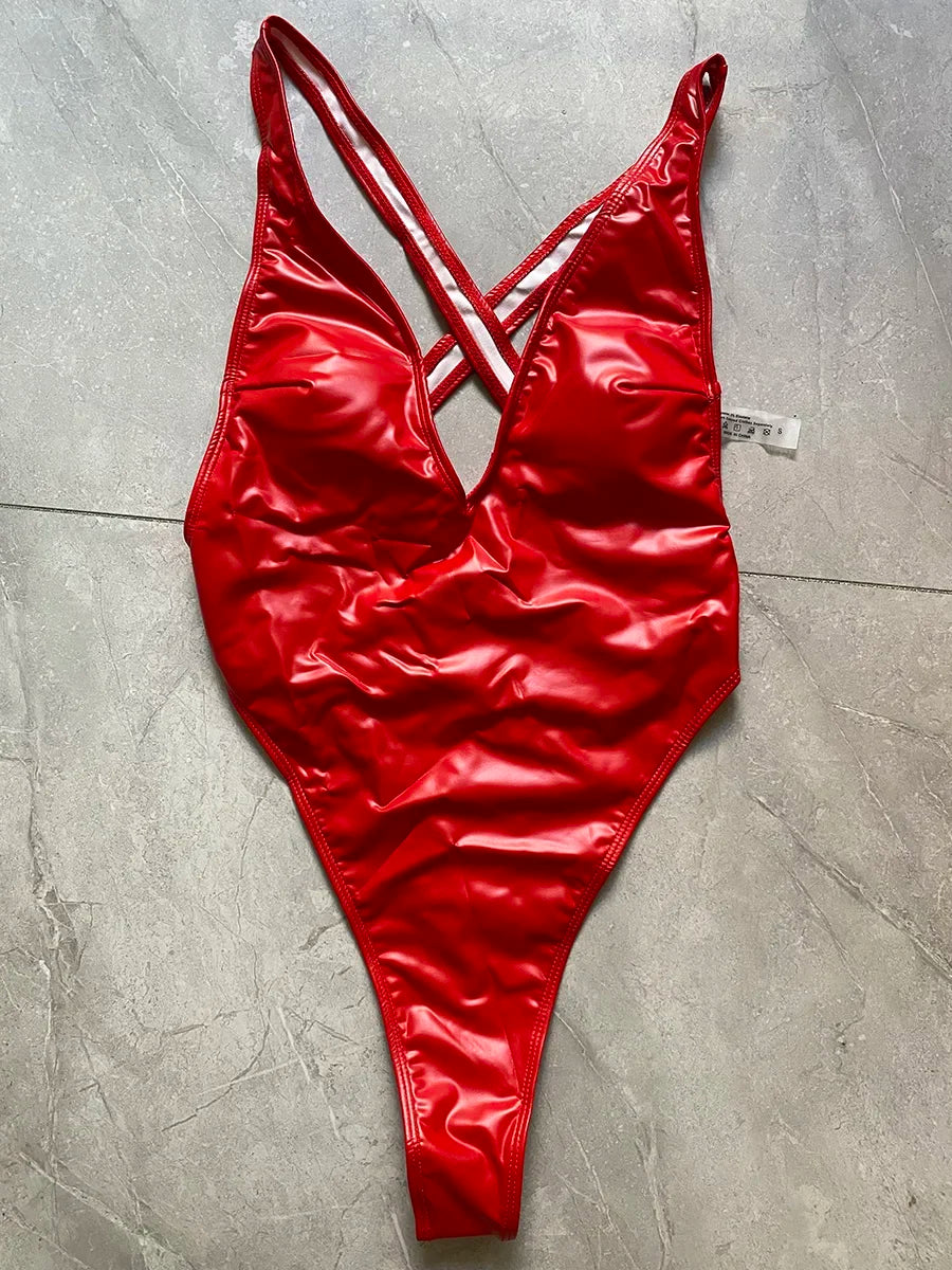 PU Leather V Neck Extreme Mini String Thong Women Swimwear One Piece Swimsuit