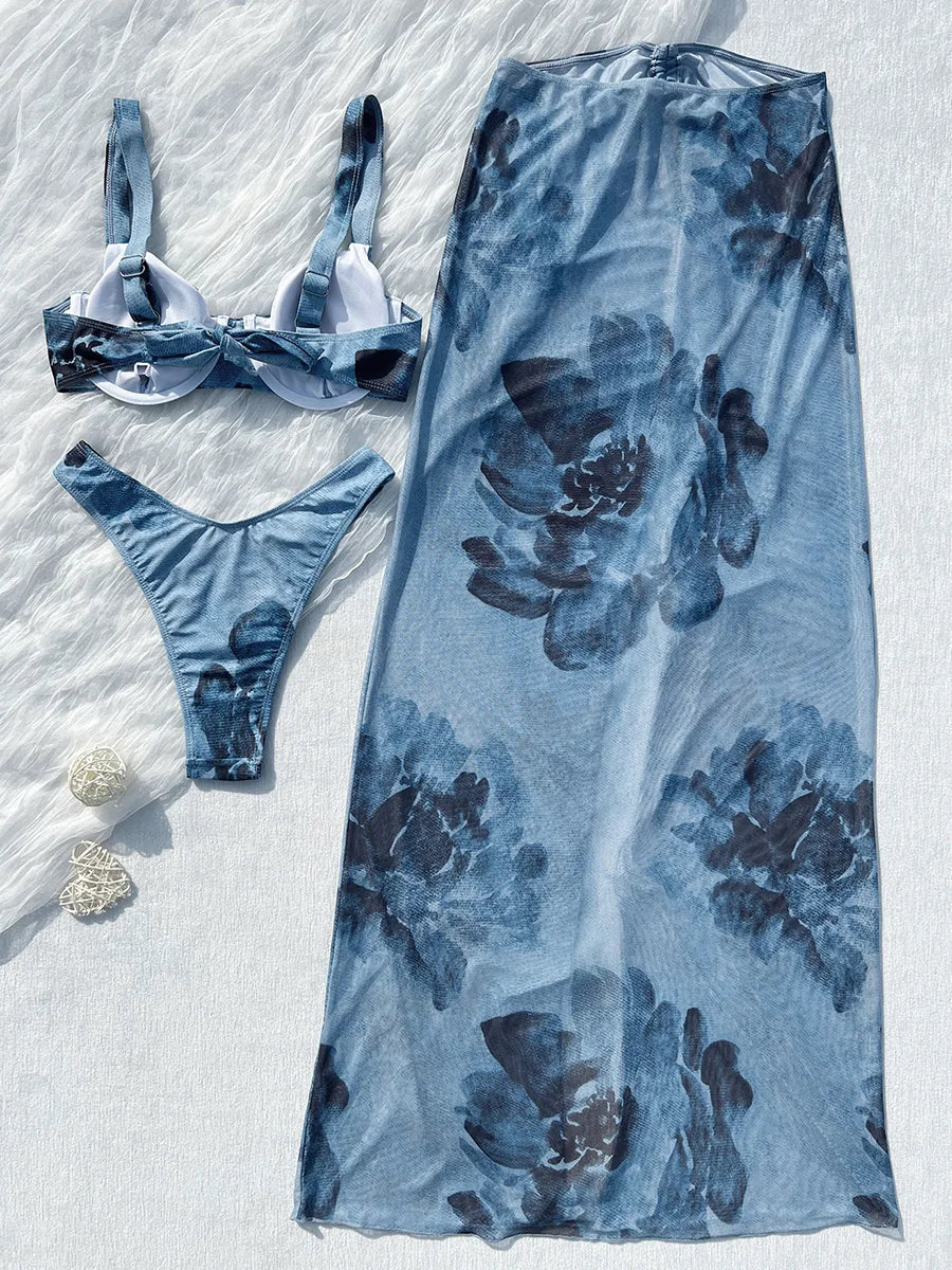 Print with Mesh Long Skirt Underwired Bikini
