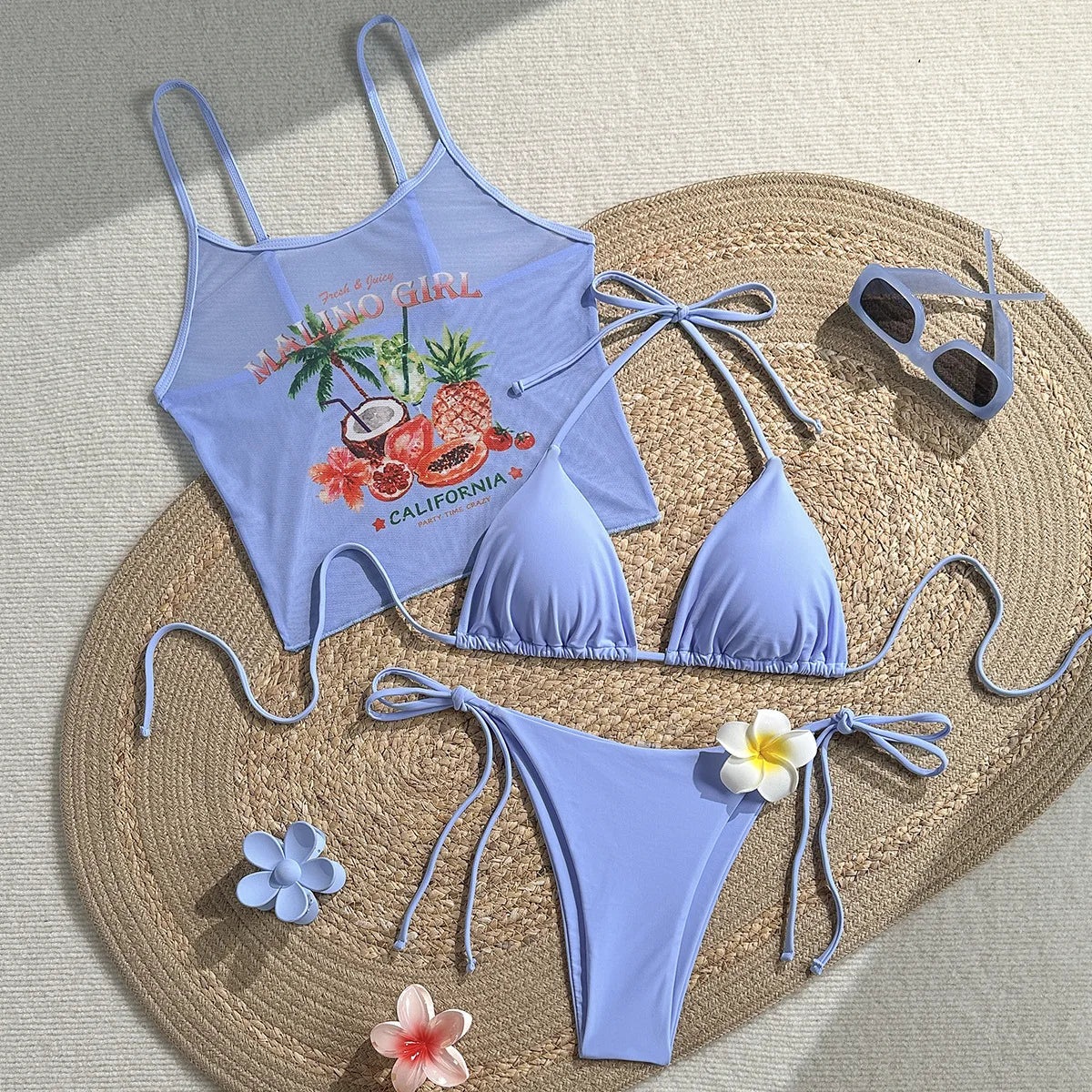 Sexy Yellow Fruit Print Cover Up Bikini Set
